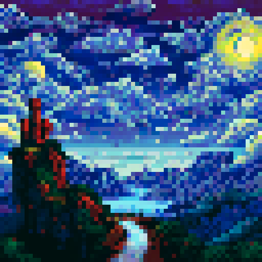 Swirling, vibrant hues blend harmoniously in an sRGB pixel art, background, landscape, depicting a mesmerizing sky