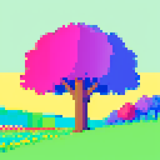 flat green meadows, vibrant flowers, rolling hills, clear blue sky, pixelated grass, vivid colors, low-resolution landscape, blocky trees, simplified details, retro aesthetic, limited color palette, digital art, nostalgic vibes, 8-bit style