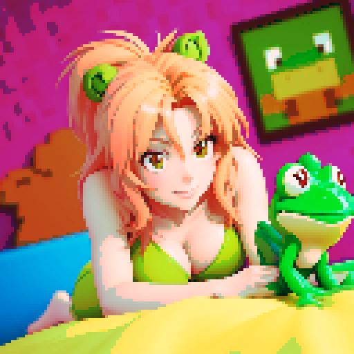 A sexy hot body woman laying on top of a bed next to a cute frog with a frog head and a lion body, framed in a pixel art style with a cinematic goddess body shot and an anime lush John 8k woods backdrop, creating frog themed patreon content, all captured with a sRGB color profile at f/8