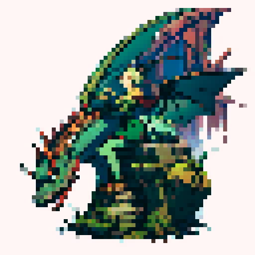 Dragon made of stone, siting on the ground, wings up