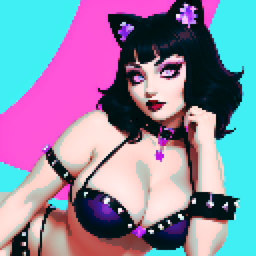 Cat girl, curvy, cute goth woman with black hair, purple eyeshadow, and red lipstick, wearing a bikini, studded collar, portrait, face avatar, in a glamour shot, sRGB color