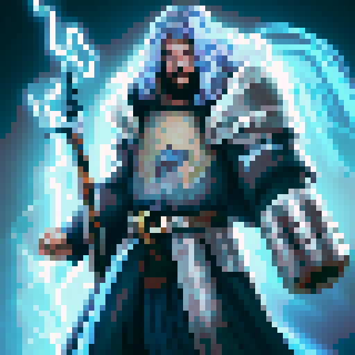 Thalrin Stormcaller, powerful storm wizard, with long, wild silver hair, piercing blue eyes reflecting mastery over storm magic, adorned in blue and white robe with lightning bolt motifs, holding sparking staff topped with lightning bolt, against stormy sky with dark clouds, flashes of lightning Style: pixel art