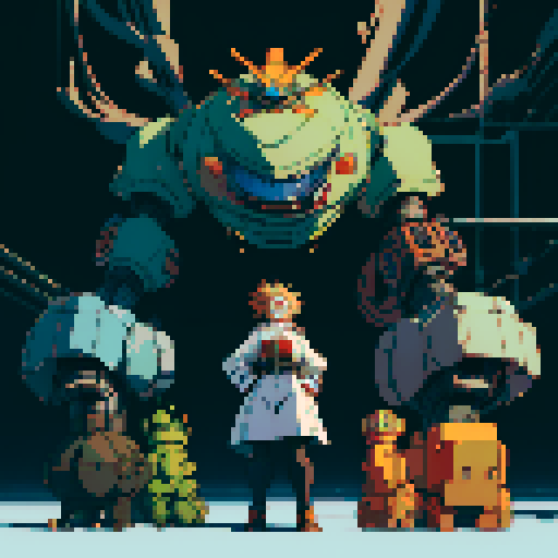 fat mad scientist, facing left, full-body image, exaggerated features, pixelated details, giant robot, mechanical limbs, robot workshop backdrop, sRGB color palette