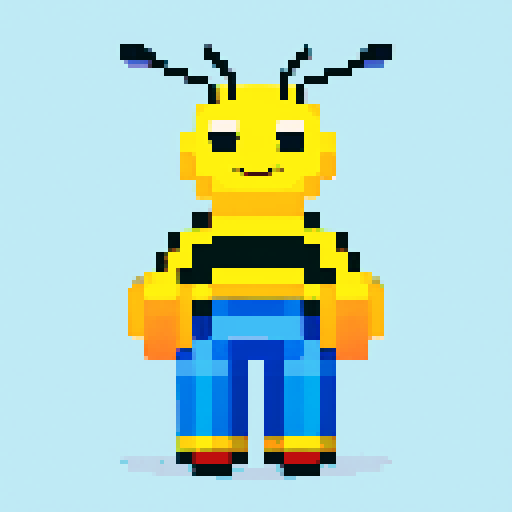 antropomorphic smiling bee, blue pants