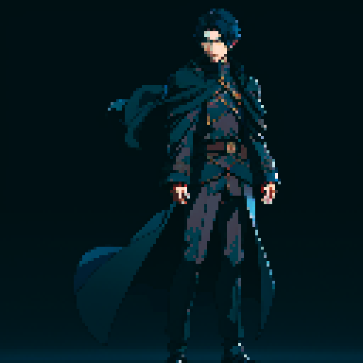 T-pose. Male. Full body. Short, dark blue hair. Black coat. Thin, covert, black armor underneath the coat. Better facial features. full lighting.