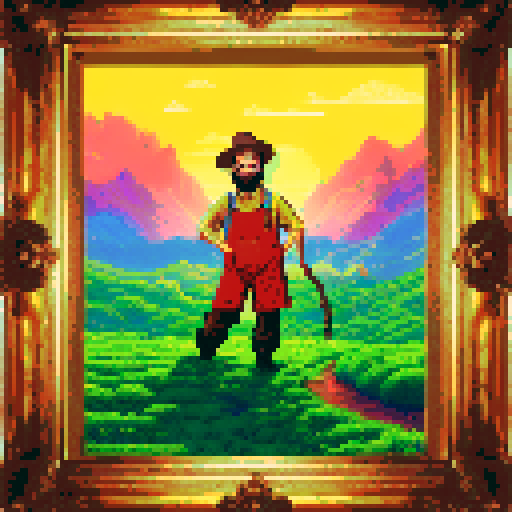 A jovial farmer, adorned in opulent attire, stands amidst a bountiful landscape of shimmering, golden coins, framed by a pixelated backdrop of rolling hills and azure skies in vibrant sRGB hues