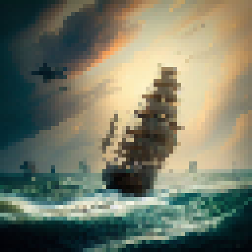 Weathered, wooden, and adorned with intricate carvings, the Dutch East Indies ship navigates through choppy, turquoise waves as its crew hoists the sails, their traditional clothing billowing in the salty breeze, against a backdrop of a fiery sunset.