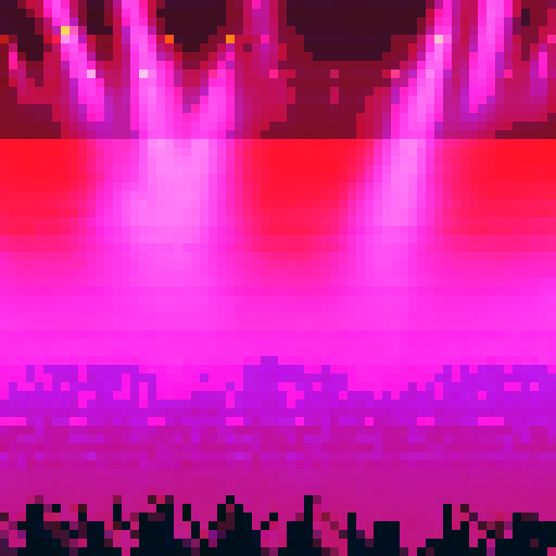 night club, dj booth, crowded foreground, platform along bottom, dark dramatic lighting, club lighting, sRGB, pixel art, background landscape
