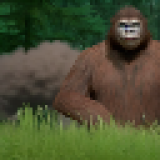 a towering sasquatch with shaggy blue fur and piercing eyes, its blue coat standing out against the surrounding greenery. Its massive feet leave prints in the soil. scene from a 1980's video game.