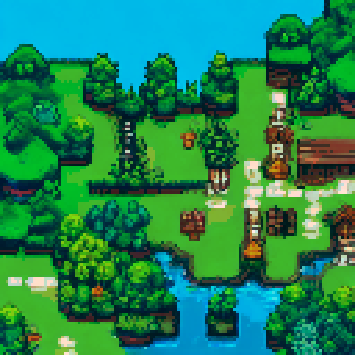 tall vibrant trees, whimsical mushrooms, cozy houses, colorful flowers, pixelated landscapes, enchanting atmosphere, immersive world, nostalgic art style, charming scenery, intricate designs, lively flora and fauna, landscape portrait
