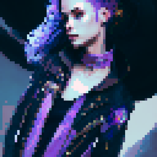 Purple and blue haired warrior queen, wearing a black leather jacket with holographic details and angular lines, with expressive green eyes and big breasts, holding a scythe, all in a fantasy RPG art style with holographic hair and braids