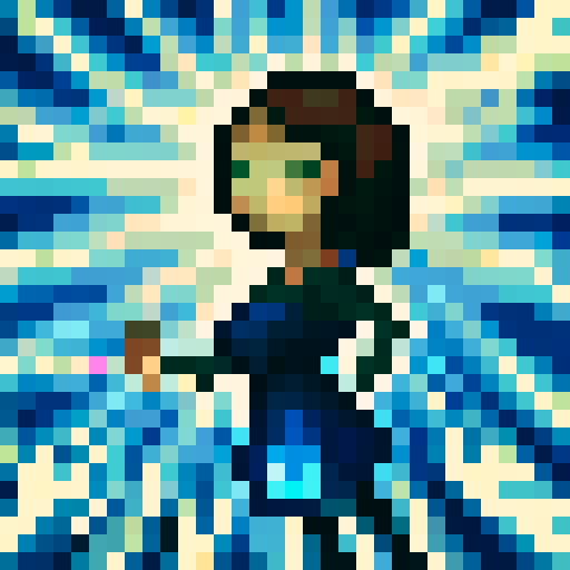 Sprite, girl running with bob cut hair, brown hair, blue ribbon, pixelated details, fantasy theme, side view