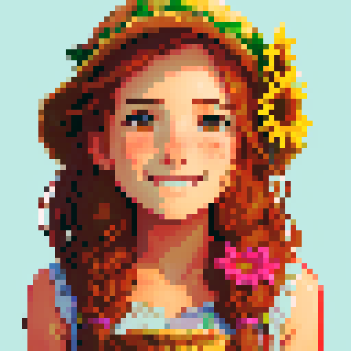 stardew valley-inspired, woman, pixel art, sRGB, vibrant colors, rustic backdrop, farm tools, sunflower field, braided hair, glowing skin, flower crown, gentle smile, freckles, rosy cheeks, straw hat, basket of fresh produce, dirt-stained hands