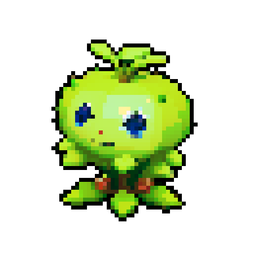 A slightly larger plant-like creature with more defined features, bark-like skin, and budding flowers. It has a friendly expression and a sturdy build. No background.
