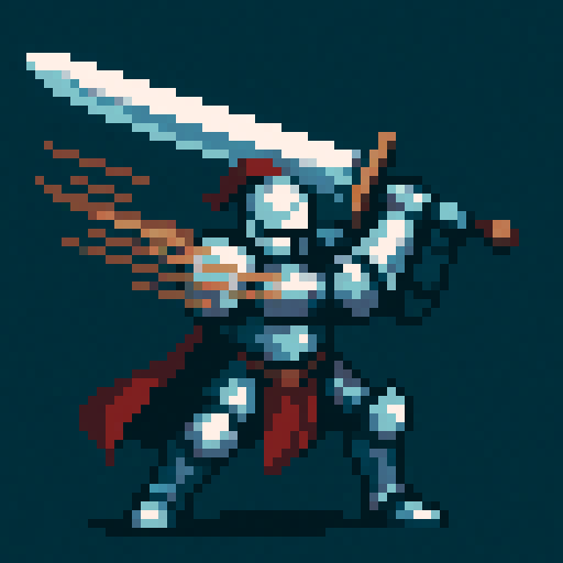 Knight in silver armor, giant two-handed sword, standing pose, sword raised, horizontal swing, motion blur, sword recoil, 64x64 resolution, 8-bit style, steel blue, crimson, charcoal, eggshell, sRGB, pixel art