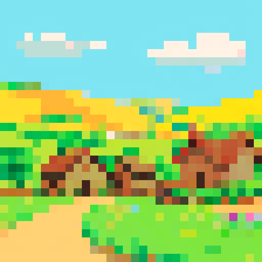 spirit of a peasant, vibrant colors, intricate details, low resolution, nostalgic feel, countryside landscape, sun-drenched fields, rustic charm, hand-drawn pixels, serene atmosphere, simplicity in design, lively brush strokes, warm color palette, textured surfaces, cozy cottage, humble abode, traditional attire, bustling marketplace, lively villagers