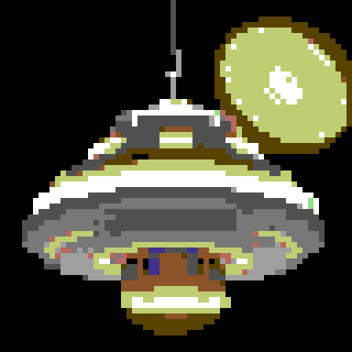 wide, silver flying saucer, with small yellow glowing lights, viewed from below at an angle