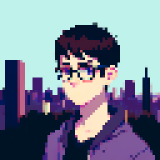portrait, sprite art, young man, sad, narrow eyes, nerd, muted colors, depressed, city dweller