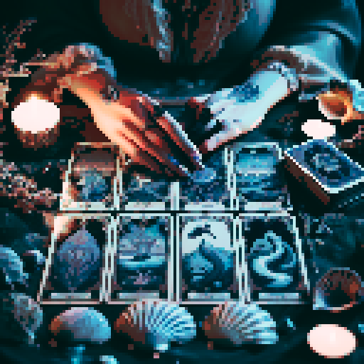 A close-up of a woman's hands over a table during a tarot card reading in a medieval dark style. The table is adorned with elements of the ocean such as sea shells, sand, and small pieces of coral. The atmosphere is mystical and dimly lit, with candlelight casting shadows that enhance the eerie and magical mood. The woman's hands are gracefully poised over the cards, which also have oceanic designs like waves and mermaids.