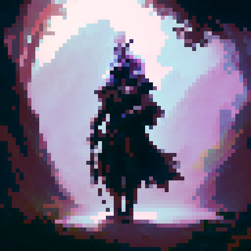 Feathered warrior wielding a sword and shield, standing amidst a lush forest with a babbling brook and glittering mushrooms