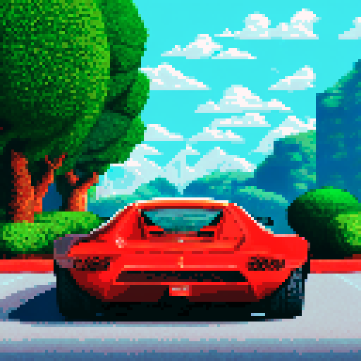 Photorealistic, centered Ferrari F8 in a three quarter view, right wheel in front, clean background, pixel art style with sRGB colors