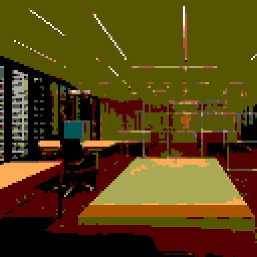empty office space viewed from inside, large open windows letting in faint orange sunlight, (desks with glowing computer monitors atop them), dim (flourescent light fixtures), long dark shadows, somber mood, wide angle lens