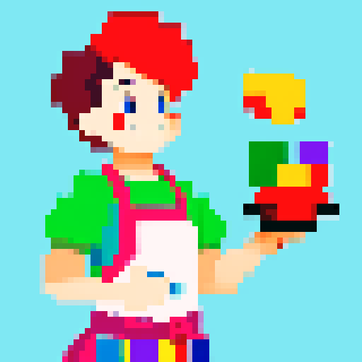 Cute, vibrant, playful chef, apron, juggling utensils, pixel art, colorful, character facing forward, character looking up concentrating on juggling, no background