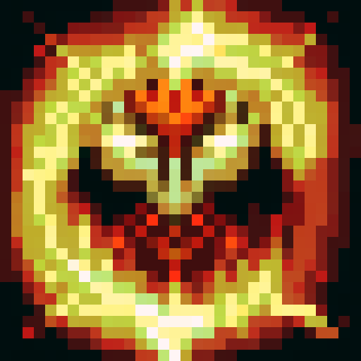 Firebreathing war general with a fierce expression, adorned in golden armor and a red cape, holding a sword with flames licking the blade, against a background of billowing smoke and embers in a pixelated, skill art style for a game icon.