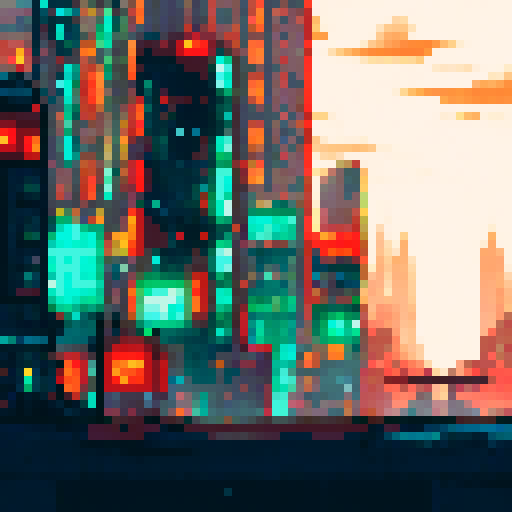 A sprawling, neon-lit cityscape with towering skyscrapers and bustling streets, rendered in vibrant pixel art against a moody sRGB background