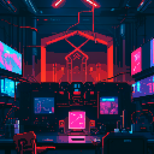 giant futuristic computer banks, vivid red monitors, hanging cables and cords, bioorganic towers of machines, dark fog, snaking cables on pixel art