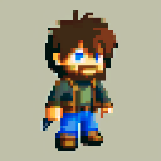 Create a 2D pixel art character for a post-apocalyptic game with a decay theme. The player is a rugged survivor, dressed in tattered clothes and worn-out armor, showing signs of exposure to a decaying world. The character wields makeshift weapons like a rusted blade or a crude gun. The color palette should include muted, earthy tones to emphasize the decay theme.