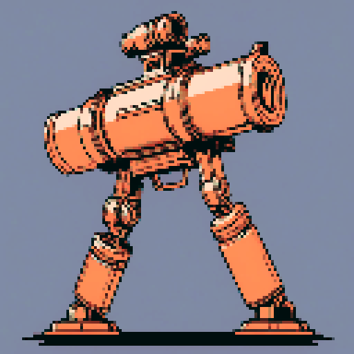 I want a big copper minigun viewed from from the side. It should not be on a stand but instead floating in the center of the frame. It should have strange mechanical details that could interlock with others. I want this object usable an asset in a videogame, meaning only one object per image, outlined with a strong black stroke, on a solid-color background. 