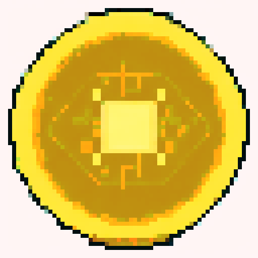 Pixelated gold retro game coin, sparkling and shimmering, surrounded by vibrant 8-bit flowers and trees, set against a nostalgic sRGB pixel art background depicting a serene and captivating landscape