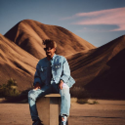 
man in denim jacket, eagles, desert, sunset, sneakers, jeans, white t-shirt, bushes, rails