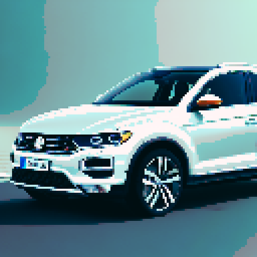 Photorealistic whole Volkswagen T-Roc, centered, three-quarter view, right front wheel, clean background, realistic colors, pixel art style