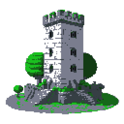 2d grey stone tower in an ancient english style. Old and crumbling but still upright. Green vines crisscross it. Usable as an asset (clear, thick lines and a white background). Put a black stroke around the composition
