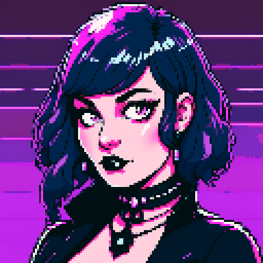 curvy, busty goth babe with studded collar. Portrait of head, Nude big titty goth, in a close up nude glamour shot. Neon lighting, modern tile backsplash.