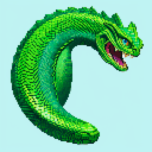 Basilisk with vibrant green scales, sharp serpentine eyes, and pixelated details in the color scheme of light blue and white