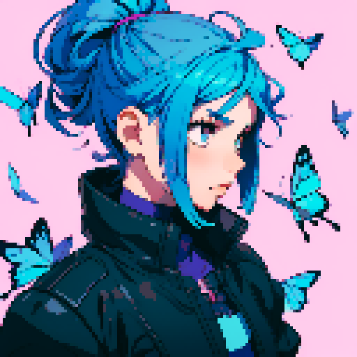 Girl with blue hair, purple butterflies flying around her, teal background