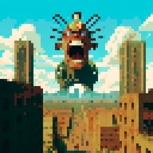 Attack on titan, towering titans with menacing expressions, crumbling cityscape, intense battles in pixel art style, vibrant colors of sRGB palette, soldiers soaring through the air with omni-directional mobility gear, survey corps emblem shining brightly, Eren Yeager's determined face, colossal titan emerging from the smoke, epic clashes between humans and giants