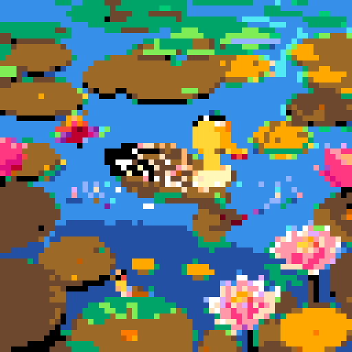duck in a pond, vibrant colors, pixelated water ripples, serene reflection, lush greenery, blooming flowers, hand-drawn details