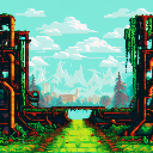 post-apocalyptic factory, hidden in the woods, abandoned machinery, rusted pipes, overgrown vines, decaying buildings, shattered windows, eerie silence, nature reclaiming, vibrant pixelated colors, sRGB palette, atmospheric landscape
