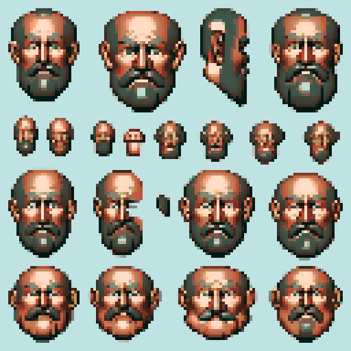 Mechanical pieces for a wall-mounted copper mechanical old man's face. It should have a big mustache and be reminicient of a door knocker's face. It should be seen as if on a wall, with no perspective, on a solid-color background. There should one be two or three pieces in each frame, it shouldn't be complete.