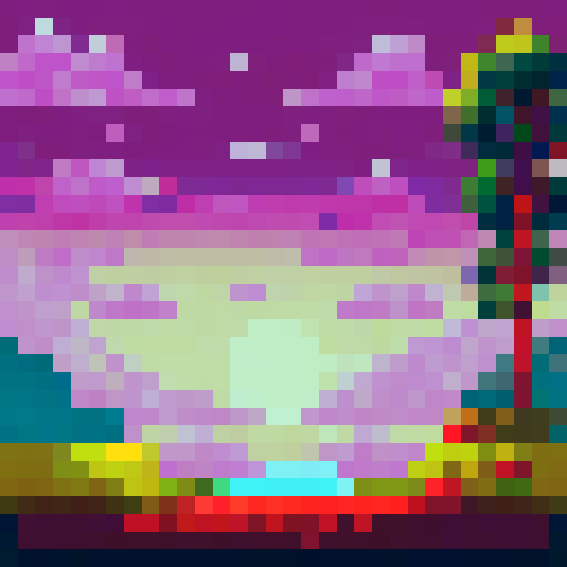 Tiny gun, shiny metal, red trigger, 10x10 pixels, nestled in a lush green landscape with a clear blue sky backdrop - all in pixel art