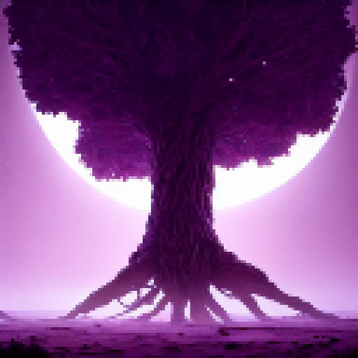 Moonlight illuminates a twisted skeleton tree, its gnarled branches reaching skyward amidst a mystical forest filled with glowing flora and fauna in a vibrant, ethereal Fantasy RPG world.