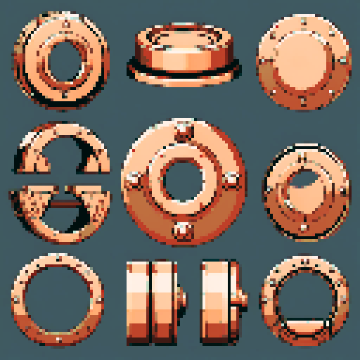 I want one wide circular copper mounting piece. It should have a large flat space on top to connect something. I want this object usable an asset in a videogame, meaning only one object per image, outlined with a strong black stroke, on a solid-color background.