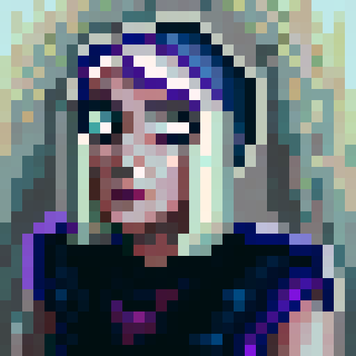 Ugly transgender with striking purple hair and heavy eyeliner, depicted in 32x32 pixel art style as a game icon, showcasing their skillful close-up portrait with a bold and confident expression