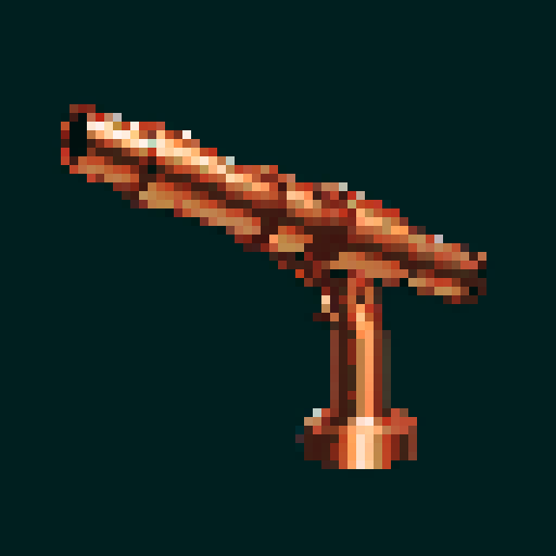 I want a copper minigun seen from a head on perspective. I want this object usable an asset in a videogame, meaning only one object per image, outlined with a strong black stroke, on a solid-color background.