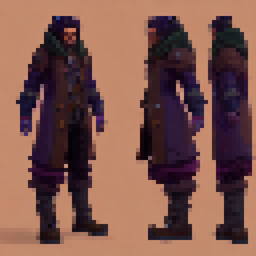 A character sprite sheet of an adventurer, Celeste art style, top down perspective, dark colors, animation frames