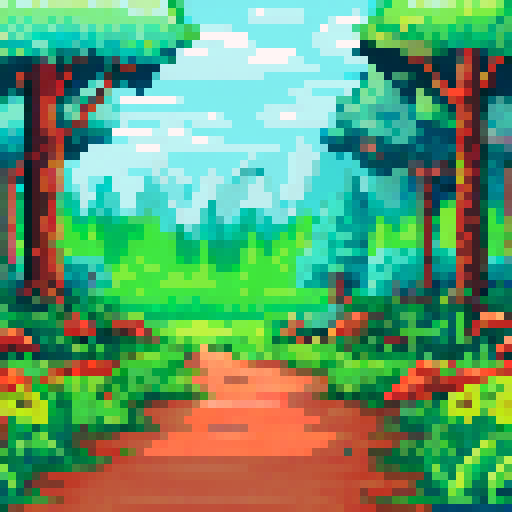 Forest background, tall green trees, sunlight beams, small dirt trail, birch trees, oak trees, dogwood trees, rocks, grass, flowers, mushrooms, plant life, sRGB, pixel art, landscape